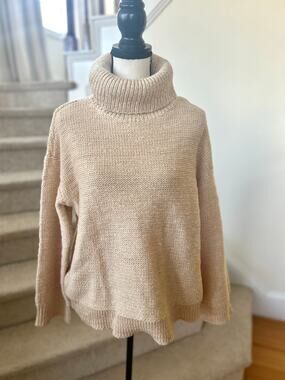 Haven Well Within Talbots Tan Chunky Knit Poly Wool Blend Turtleneck Sweater